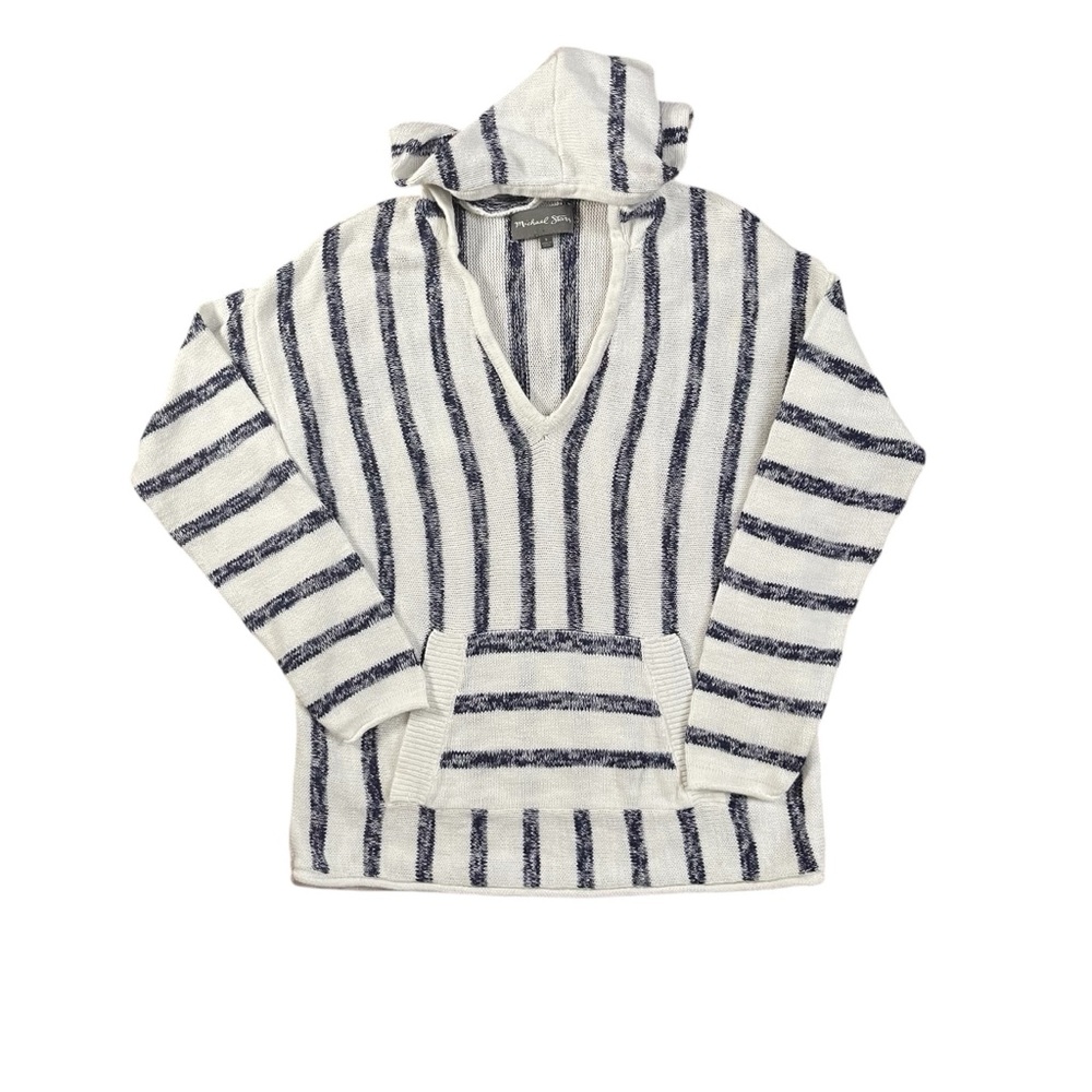 Michael Stars Baja Hoodie Sweater Wht Navy Stripe Kangaroo Pocket Beach Pullover - Picture 7 of 11